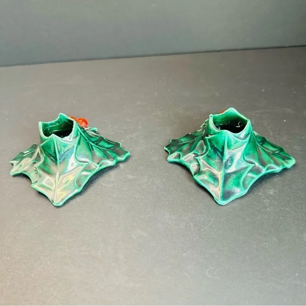 Lefton Pair Of VTG Green Holly‎ Berry Square Candle Holders
